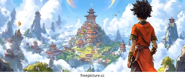 Fantasy Illustration of a Person Standing on a Mountain Looking at a Mountain City