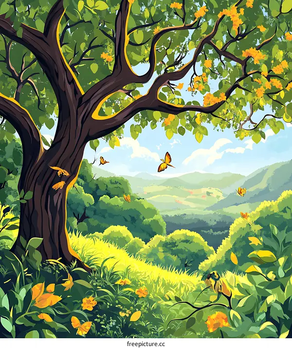 Illustrated Landscape with Tree and Butterflies