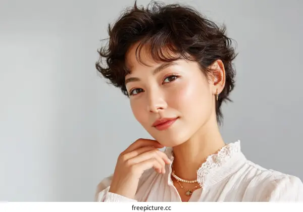 Close Up Portrait of Asian Woman with Short Curly Hair