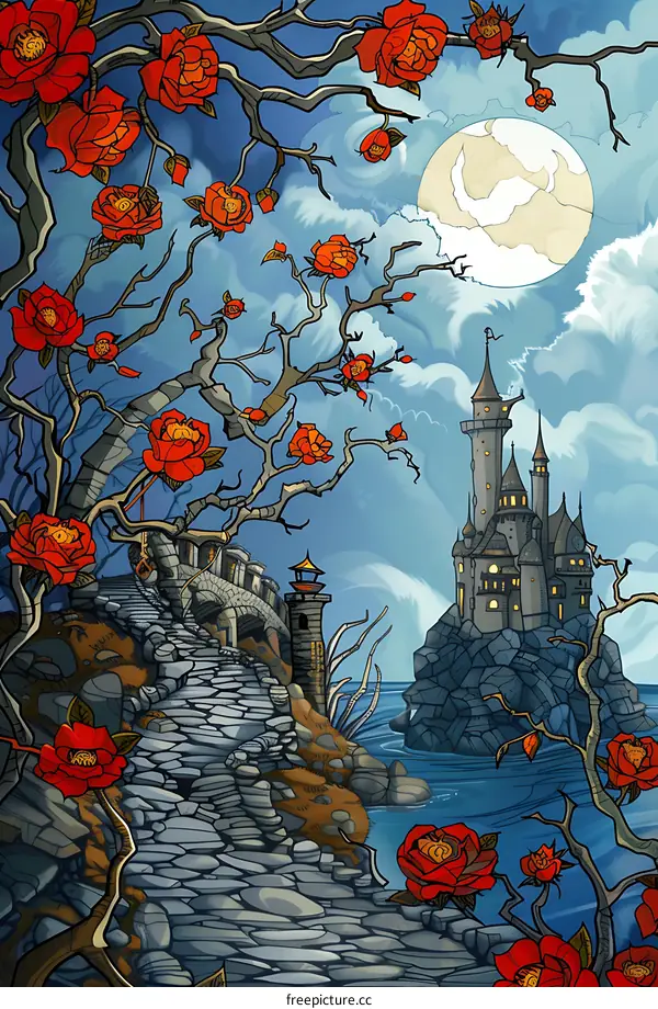 Fantasy Castle Illustration with Red Roses and a Full Moon