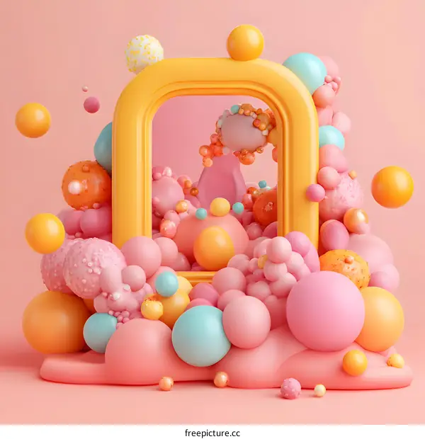 Abstract Colorful 3D Sphere Shapes With Yellow Frame