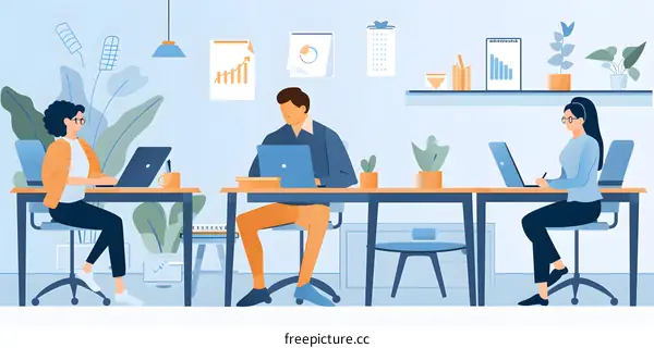 Three People Working At Laptop In Office Illustration