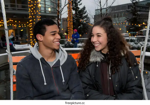 Young Couple Enjoying a Winter Day on a Swing in a City Setting