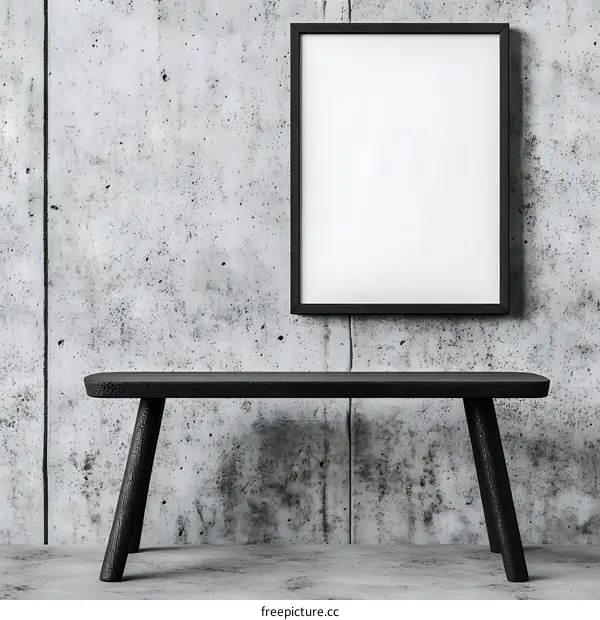 Modern Black Wooden Bench and Frame Against Concrete Wall