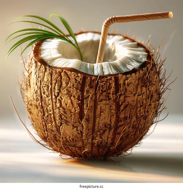 Freshly cut open coconut with straw