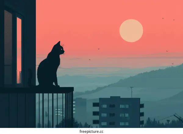 Black Cat Silhouette Against Sunset on Balcony
