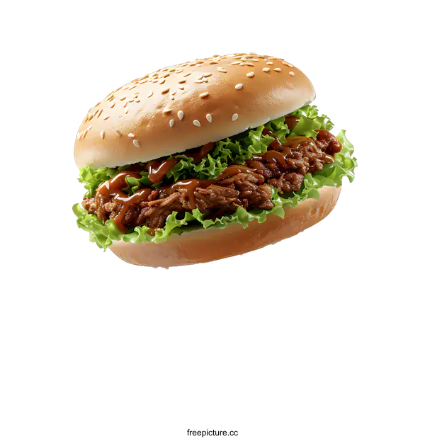 [Transparent Background PNG]A delicious beef patty with lettuce and sesame seed bun