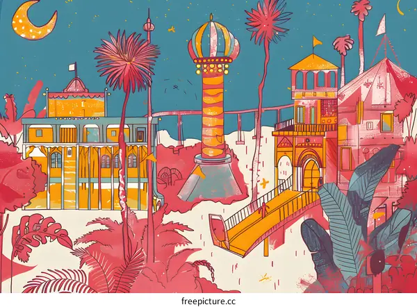 Fantasy Amusement Park Illustration With Colorful Buildings