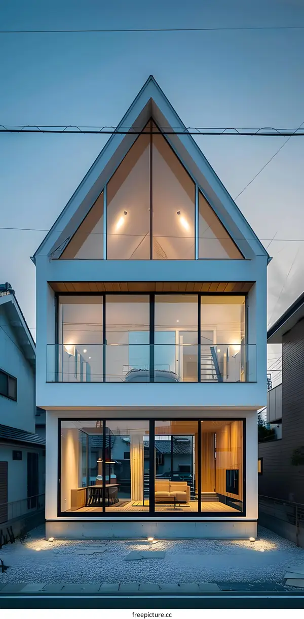 Modern White House with Large Windows and Triangle Roof Design