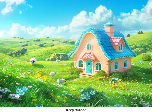 Small pink house in the middle of a green field