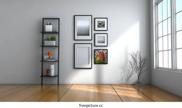 Modern Minimalist Home Decor with Bookshelf and Pictures