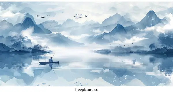 Tranquil River Valley with Mountains and Rowboat