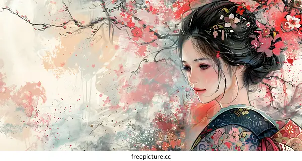 An Asian woman in a kimono stands in a field of cherry blossoms.