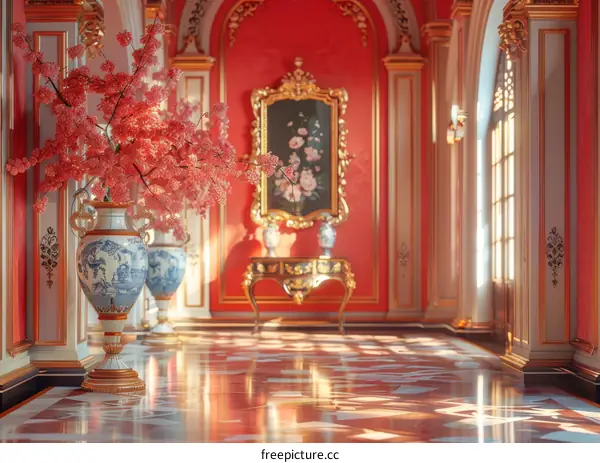 Red Corridor with Archway