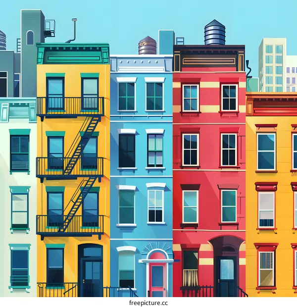 Colorful Row of Townhouses with Fire Escape