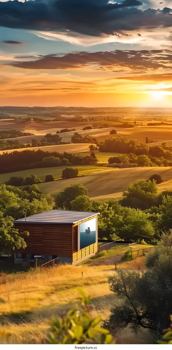 Wooden Cabin in the Countryside with Sunset Sky