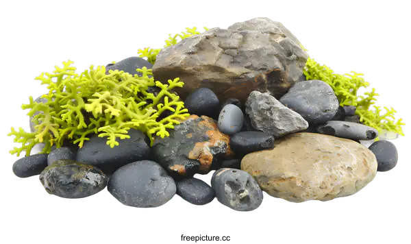 [Transparent Background PNG]Green Plant and Stones on a White Background