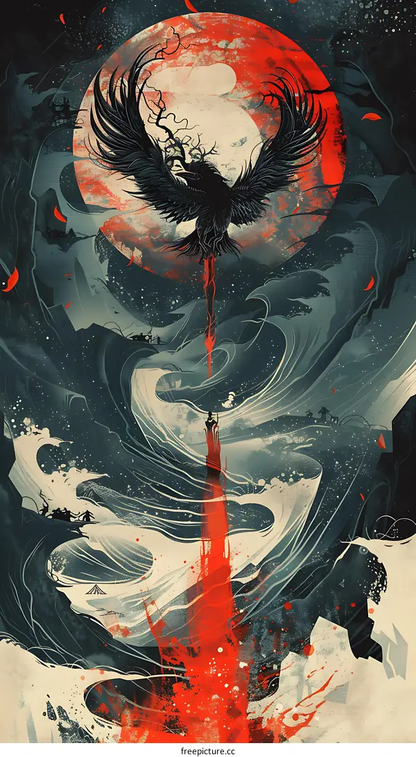 Black Raven Flying Over Red Moon In Fantasy Landscape