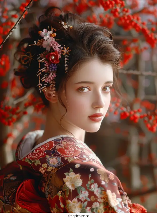 Beautiful Woman Wearing Traditional Japanese Kimono with Flower Hair Ornament