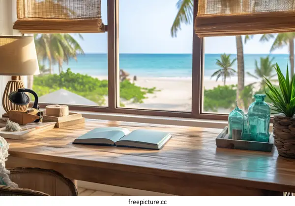 Open Book on Wooden Desk with Beach View