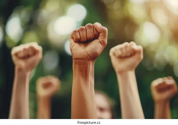 People of different ethnicities raise their fists in solidarity