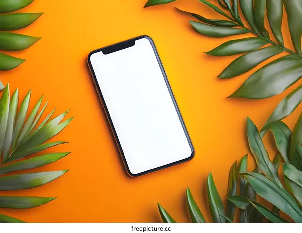 Smartphone Mockup with Green Leaves on Orange Background