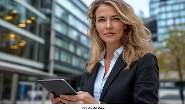 Business Woman Using Tablet Outside Modern Buildings