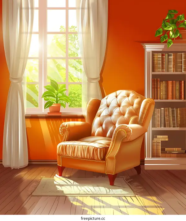 Cozy Living Room with Armchair and Bookshelf