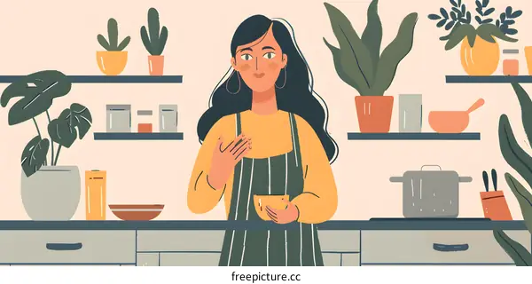 Woman Cooking in the Kitchen with Plants