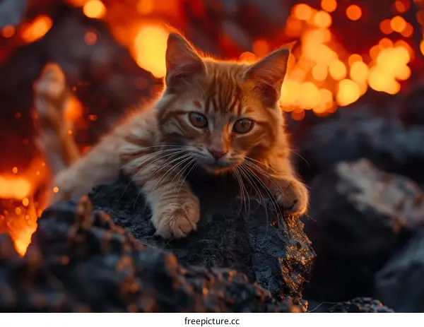 Orange Cat In Front Of Fire Background