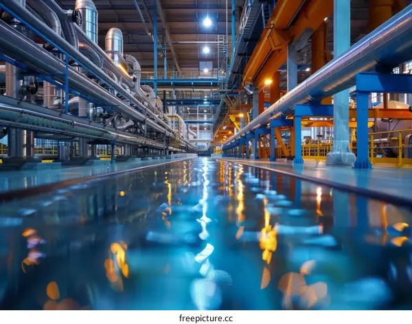 The beauty of industrial pipelines and catwalks with water on the floor reflecting the lights