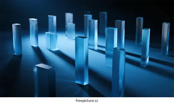 Blue Glass Columns Arranged in Geometric Pattern on Dark Background