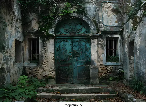 Old green door in an abandoned house