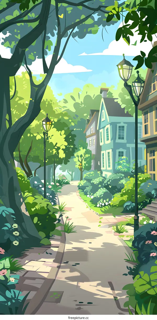 Summertime Illustration of a Small Town Street with Houses and Streetlights