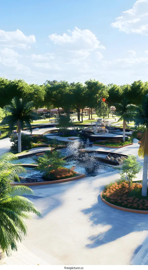 Aerial View of a Modern Park with Palm Trees and Fountains