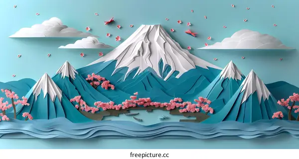Paper Art Landscape with Mountains, Cherry Blossoms and Birds