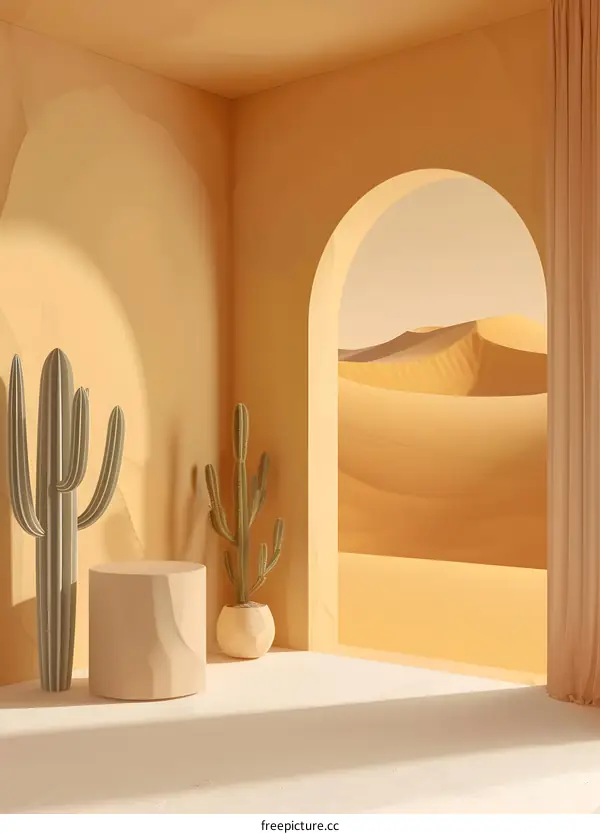 Desert View Minimalist Room with Cactus and Archway