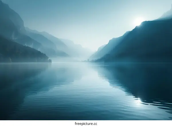 Mountains and lake in the morning mist