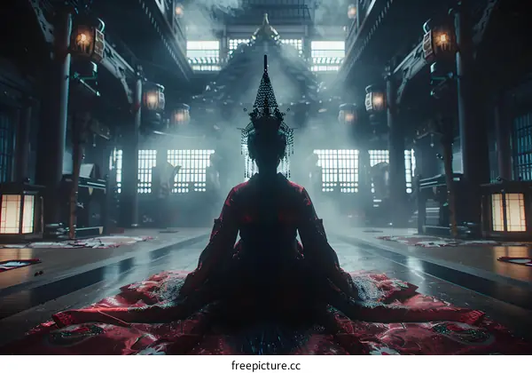 Woman In Traditional Chinese Dress Sitting In A Palace