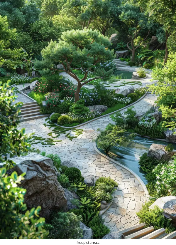 Serene Courtyard with Stream and Lush Greenery