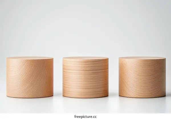 Three Light Brown Wooden Cylindrical Display Stands