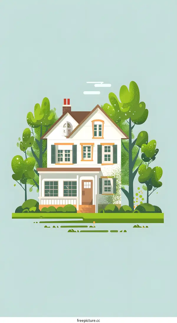 White House with Green Trees and Grass Illustration