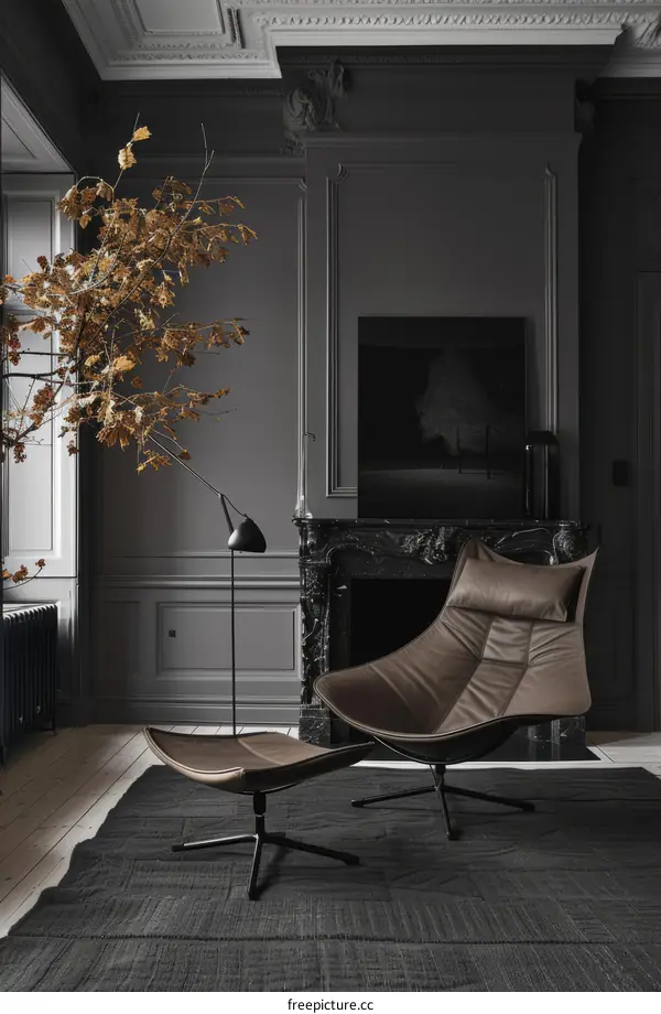 Modern Minimalist Dark Living Room with Fireplace