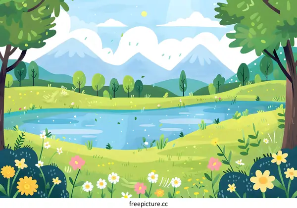 Beautiful Spring Landscape With Mountain And Lake