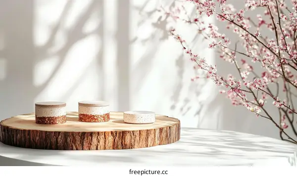 Elegant Ceramic Containers Displayed on Wooden Slice