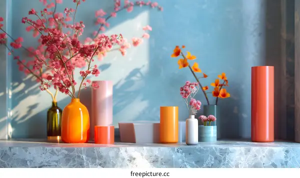 Vibrant Pink and Orange Flowers in Vases on Marble Shelf