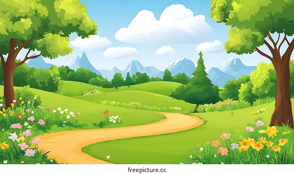 Beautiful Spring Landscape with Winding Path and Flowers