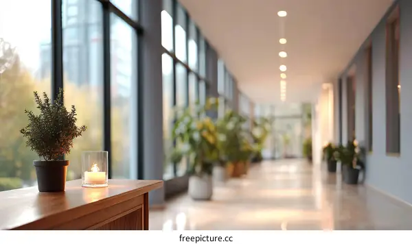 Modern Office Corridor with Plants and Candle