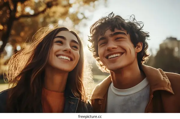 Smiling Couple Looking Up at the Sky During a Sunny Day