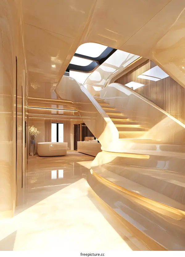 Modern Luxury Yacht Interior Design with Curved Staircase